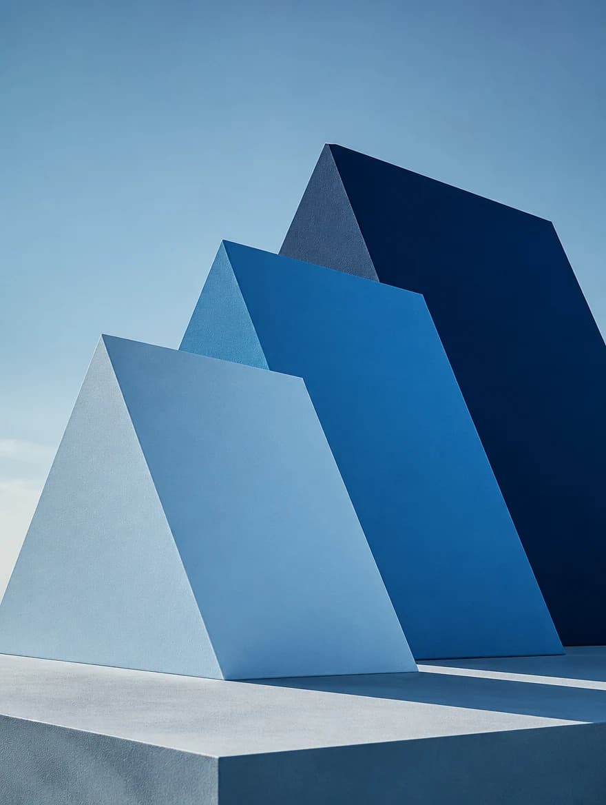 Three sculptural blue forms inspired by the TSD mark